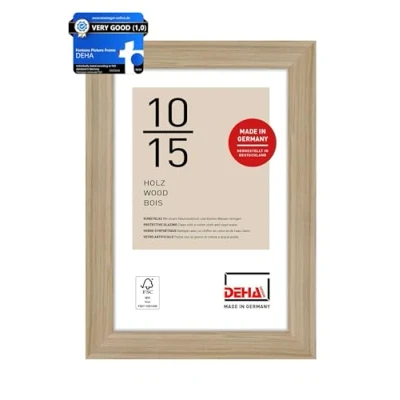 Image of DEHA Design Fontana Photo Frame 4x6, Wooden Picture 10x15cm, Oak with Protective Acrylic Glazing and Push Turn Clips