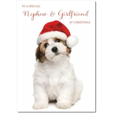Image of doodlecards Nephew and Girlfriend Christmas Card Dog Santa Hat Medium Size for &amp; with Plain Envelope