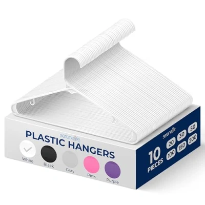 Image of SereneLife Plastic Hangers 10 pcs, Non Slip Heavy Duty Clothes Hanger Set with 360 Swivel Hook, Smooth Finish to Protect Fabric, Lightweight, Ultra Thin for Coats and Other (White)