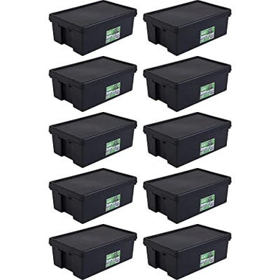 Image of Wham Bam 100% Recycled Super Strong Impact Resistant Black Re Usable Storage Boxes With Lids 16 Litre 38.5 x 29 21.5cm (10 Boxes)