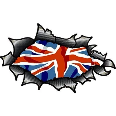 Image of OVAL RIPPED OPEN TORN CARBON FIBER FIBRE Effect Design With Union Jack UJ British Flag Motif Vinyl Car Sticker 150x90mm