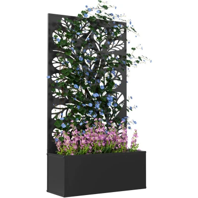 Image of Outsunny Metal Garden Bed with Trellis, Wall Mounted or Freestanding Raised Planter Privacy Panel, Outdoor Screen Box for Climbing Plants, Flowers, Vegetables