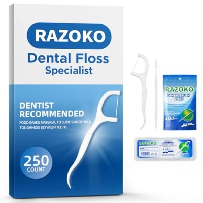 Image of RAZOKO Dental Floss Picks High Toughness Toothpicks Sticks 250pcs with Portable Cases and 100pcs BrushPicks Interdental Perfect for Family,Hotel,Travel