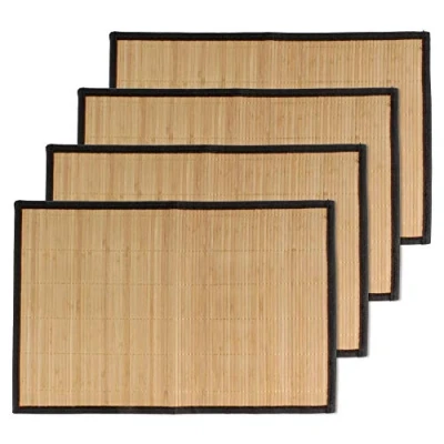 Image of BambooMN Bamboo Slats Placemat with Fabric Border Solid Colour Print 17.5&quot; x 12&quot; Brown Black Border, 4 pcs