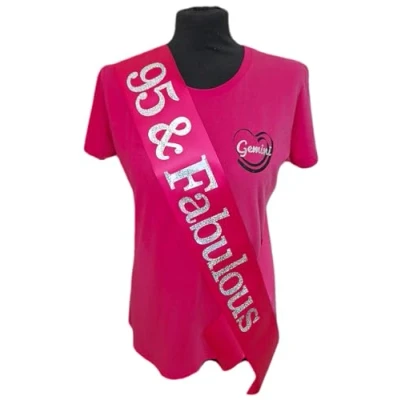 Image of 95th Birthday Sash 95 &amp; Fabulous Beautiful Quality Fuchsia Pink Ribbon and Holographic Silver Font