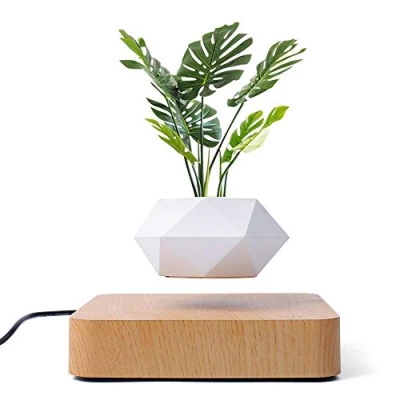 Image of QUWOTXE Magnetic levitation Floating air Bonsai creative ornaments Rotation potted plant Suspension Flower Pot Home Desk Decor (light brown)