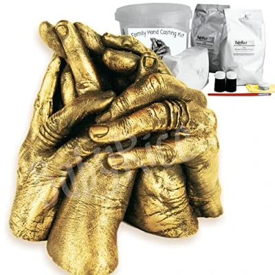 Image of Family Hand Casting Kit for 4, DIY Moulding Couples &amp; Children, with 1kg Each of Alginate Powder and Plaster, Personalized Gifts Keepsakes, Gold Finish BabyRice