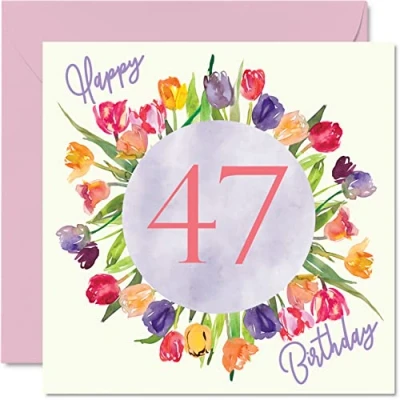 Image of Beautiful 47th Birthday Cards for Women Watercolour Tulips Flowers Bouquet Happy Card Her Mum Auntie Sister Friend Gifts, 145mm x Lovely Floral Greeting Gift