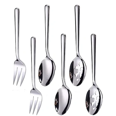 Image of Enwinner Serving Spoons*2 Slot Spoons* 2 forks *2 Buffet Colander Stainless Steel Banquet Set, Set of 6. Lenght 9&quot; (6 spoon set)
