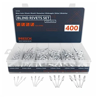 Image of Presch Blind Rivets Assortment 400 pcs. Complete Set of Aluminium/Steel in The Sizes 2.4 mm, 3.2 4.0 mm and 4.8 High Quality for Metal