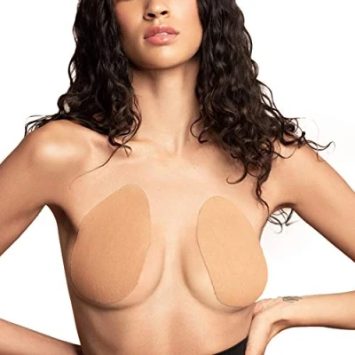 Image of Bye Bra Breast Lift Tape Pads,Adhesive Bra, Lifting Boob with Satin Nipple Covers, Sizes: A C, D F, F H, Multiple Colours Available (Cappuccino, H)