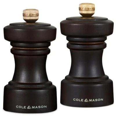 Image of Cole &amp; Mason H233056 Hoxton Chocolate Wood Salt and Pepper Mill Set, Precision+ Carbon/Ceramic Mechanisms, Grinders with Adjustable Grind, Beech Wood, 104mm, Gift Set