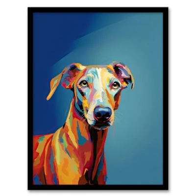 Image of Artery8 Greyhound Dog Lover Gift Pet Portrait Orange Blue Artwork Painting Framed Wall Art Print A4