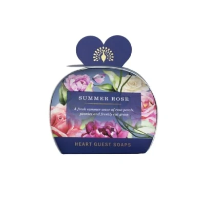 Image of The English Soap Company Packed Guest Soaps, Sandalwood Shea Butter Heart Shaped Moisturising Soaps for Face and Body, Summer Rose Scent 3 x 20g
