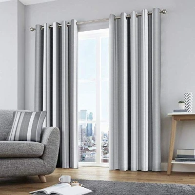 Image of Fusion Grey Stripe Curtains W46 x L54&quot; (117 137cm) 2x Panels 100% Cotton Eyelet &amp; Drapes for Bedroom Living Room Stripes in Matching Cushion Available