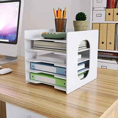 Image of PUNCIA 5 Tiers Paper Tray A4 Desk Tidy Organizer Desktop White File Holder Office Mail Letter &amp; Sorter Document Notebooks Storage Rack for Home School Classroom