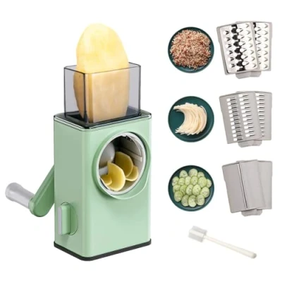 Image of Vegetables Shredder 3 in 1. Rotary Cheese Grater. Multifunctional Kitchen Mandoline. Vegetable Cutter Drum, Stainless Steel Blades. Grater, Potato Chopper (Chopped, Sliced, Julienne)