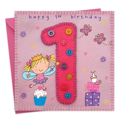 Image of Twizler 1st Birthday Card For Girl with Fairy Princess, Presents and Butterfly One Year Old Age 1 Childrens Girls Happy