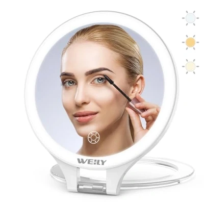 Image of WEILY Makeup Mirror with Lights, Magnifying Lights 10X/1X, Double Sided Travel 3 Color Adjustable Rechargeable LED Mirror, Gift for Girls Women