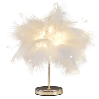Image of DUNMW Creative Mini White Feather Table Lamp Bedside with Firework LED Beads Light Night Decorative for Bedroom, Living Room