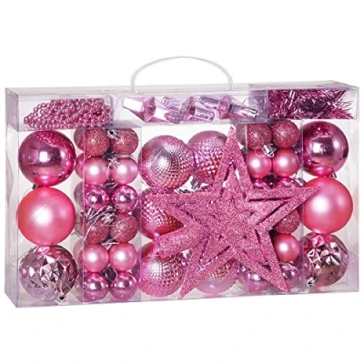 Image of Deuba® 66pc Christmas Tree Baubles Set Xmas Festive Decoration Ø6cm Ø3cm Hanging Star With Hangers Topper Tinsel Garland Indoor Outdoor Matt Shiny Glitter Delicate Pink