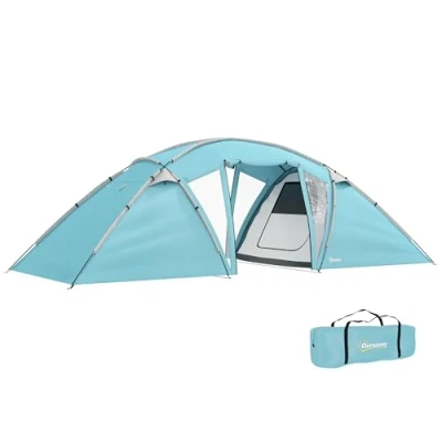 Image of Outsunny 4 6 Man Family Camping Tent w/ 2 Bedrooms and a Living Room, Waterproof Tunnel w/Sewn In Groundsheet, Doors, Windows, Carry Bag, Blue