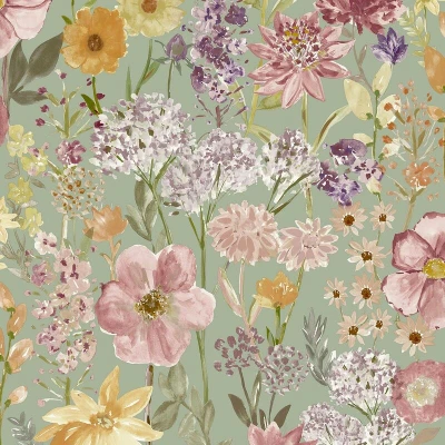 Image of Grandeco Wildflowers Wallpaper Sage Pink A61601