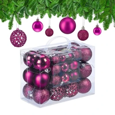 Image of Relaxdays Christmas Bauble Set of 50, Glittery, Matt &amp; Shiny Ornaments, Plastic Xmas Tree Balls, Ø: 3, 4 6 cm, Pink
