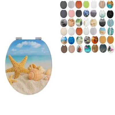 Image of 18&quot; MDF Toilet SEAT Universal Adjustable Fit Most Toilets Oval Seat┃Bathroom Standard Wooden WC +Fittings (Beach &amp; Seashell)