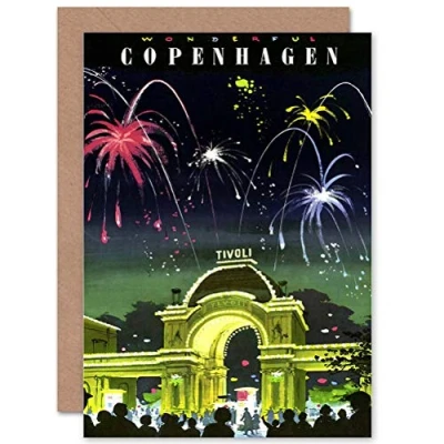 Image of Wee Blue Coo TRAVEL COPENHAGEN DENMARK TIVOLI GARDENS FIREWORKS GREETINGS CARD