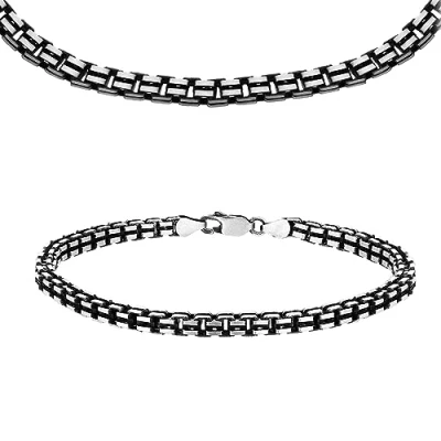 Image of Tuscany Silver Unisex Sterling Oxidised Grooved Set of Box Chain and Bracelet 51cm/20&quot; 20cm/8&quot;