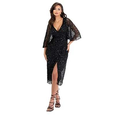 Image of Maya Deluxe Women&#039;s Midi Ladies Sequin Embellished Cape Sleeve Wrap Dress for Wedding Guest Bridesmaid Cocktail Prom Evening, Black, 20