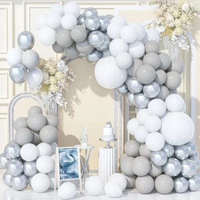 Image of Teselife 140Pcs White Silver Grey Balloon Arch Kit, Metallic Party Balloons Garland Kit for Birthday Baby Shower Wedding Anniversary Carnival Decorations Supplies