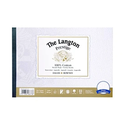Image of Daler Rowney The Langton Prestige Rough 300gsm 10 x 7in Watercolour Paper Pad, Glued 1 Side, Acid free, 12 Natural White Sheets, Ideal for Professional Artists