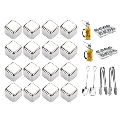 Image of Anlising 16 Pieces Stainless Steel Ice Cubes, Reusable Cube, Whiskey Stones, Wine for Cooled Beverages, Whiskey, Beer, Party Holiday Wedding