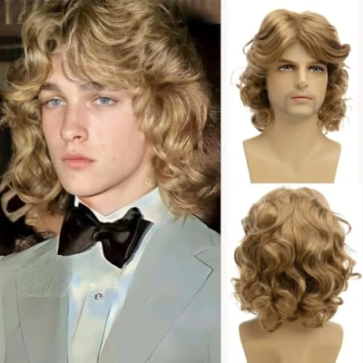 Image of Mens Blonde Wig Long Layered Natural Fluffy Synthetic Heat Resistant Halloween Cosplay Hair
