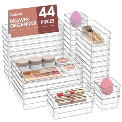 Image of Radikor Drawer Organiser, 44 Pieces in 4 Sizes, Transparent, Minimalist, Organiser System for Desk, Office, Kitchen, Bathroom