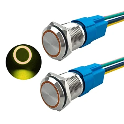 Image of Aiqeer 2 Pcs 16 mm Momentary Push Button Switch, 12V / 24V 5A Car Ignition Starter IP67 Waterproof Stainless Steel with Pre Wired Socket (Yellow LED)