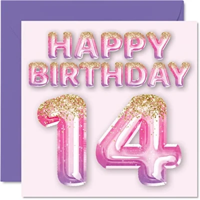 Image of 14th Birthday Card for Girls Pink &amp; Purple Glitter Balloons Happy Cards 14 Year Old Girl Daughter Sister Granddaughter Cousin, 145mm x Fourteen Fourteenth Greeting Gift