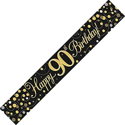 Image of 9ft Banner Sparkling Fizz 90th Birthday Black &amp; Gold Holographic