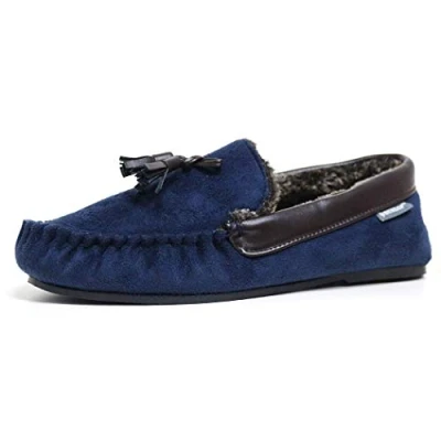 Image of Mens Famous Dunlop GEORGE Moccasin Loafers Faux Sheepskin Fur Slippers with Rubber Sole (12 UK, Navy Tassel)
