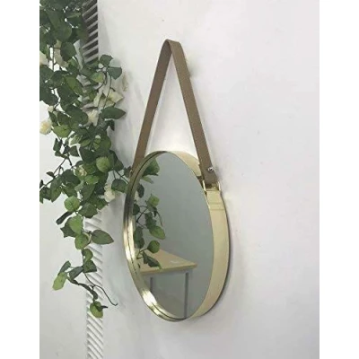 Image of Trendi Leather LOOK Strap Metal Wall Round Hanging Decorative Vanity Mirror (Golden,30cm)