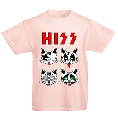 Image of Youth Kids Childrens Hiss Kiss Cats Kittens Rock Funny Parody T Shirt Pink 7 8 Years (M)