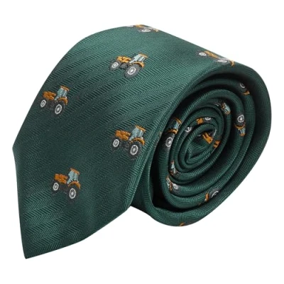 Image of King &amp; Priory Dark Green Herringbone Embroidered Tractor Tie