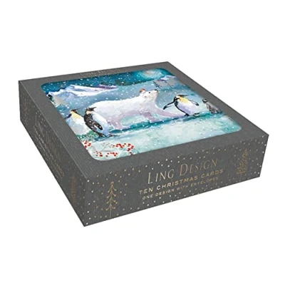 Image of Box of 10 Arctic Animals Gold Foiled Christmas Cards Boxes Xmas Card Packs X15148EA