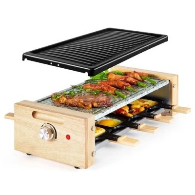 Image of VonShef Raclette Grill Electric Machine for 8 with 2 Removable Non Stick Plates &amp; Adjustable Temperature Dial, 1200W, Scandi Wooden Design, Mini Pans Cool Touch Handles Person