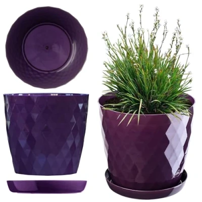Image of KADAX Plastic Flower Pot, Durable Plant Pot with Saucer for Houseplants, Decorative Planter in Several Colours Indoor Use (Purple, 18 cm)