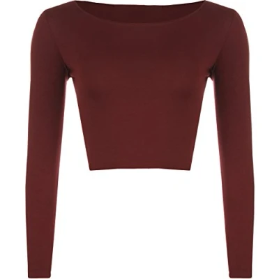 Image of Womens Crop Long Sleeve T Shirt Ladies Short Plain Round Neck Top Wine 12/14
