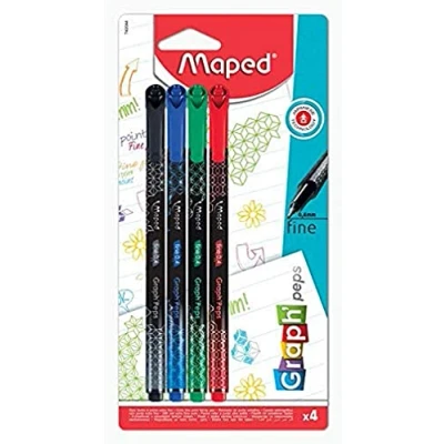 Image of Maped 4 Graph&#039;Peps Deco Felt Tip Pens Fine 0.4 mm Durable Writing and Drawing Comfort Black, Green, Red, Blue