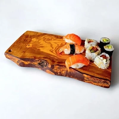 Image of Rustic Live Edge Olive Wood Serving Board Handmade Cheese and Charcuterie Board, Natural Cutting for Food Presentation Entertaining